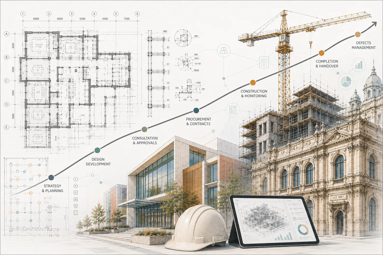 MORR project delivery journey: strategy and planning, design development, consultation and approvals, procurement and contracts, construction and monitoring, completion and handover, defects management
